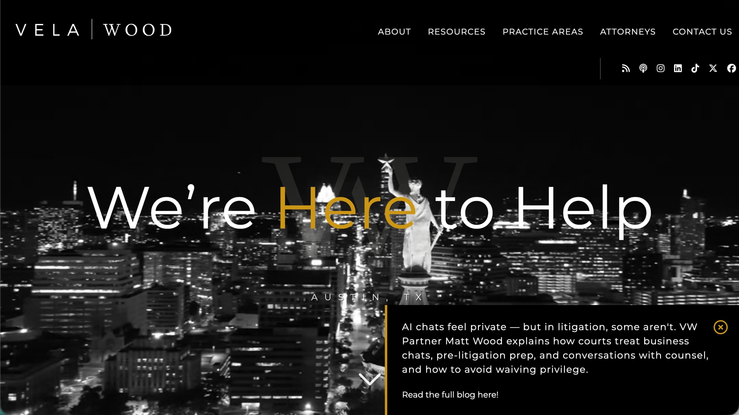 Vela Wood startup and business law website example