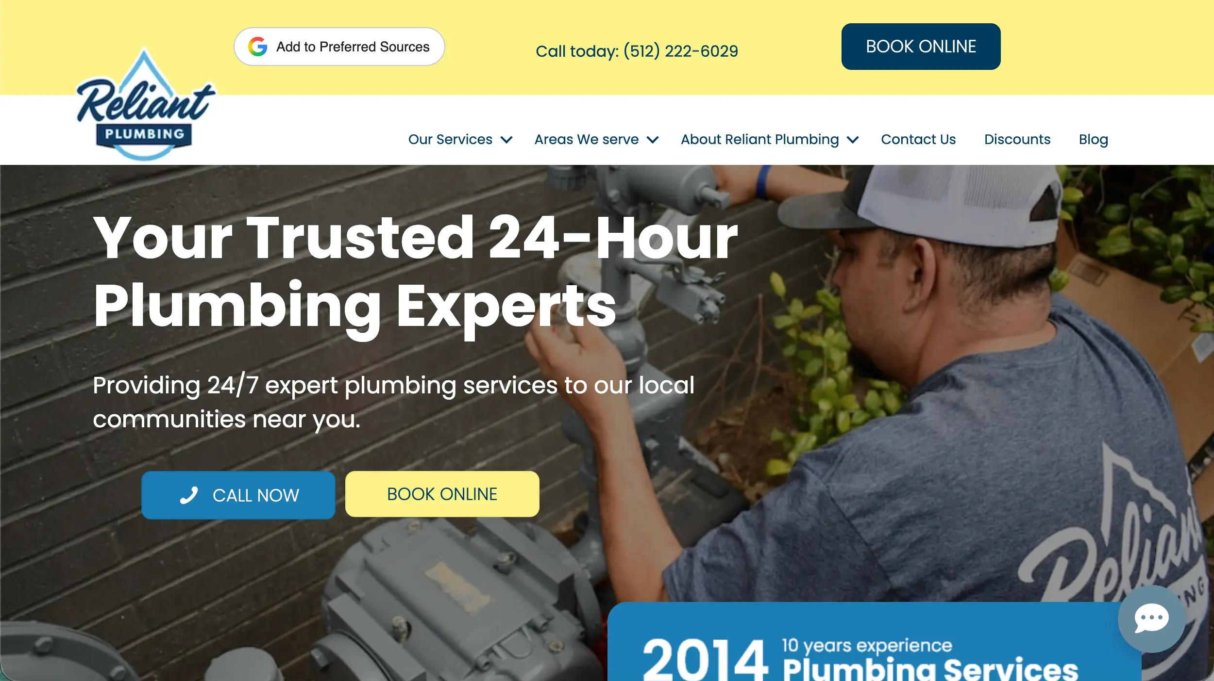 Reliant Plumbing website homepage example
