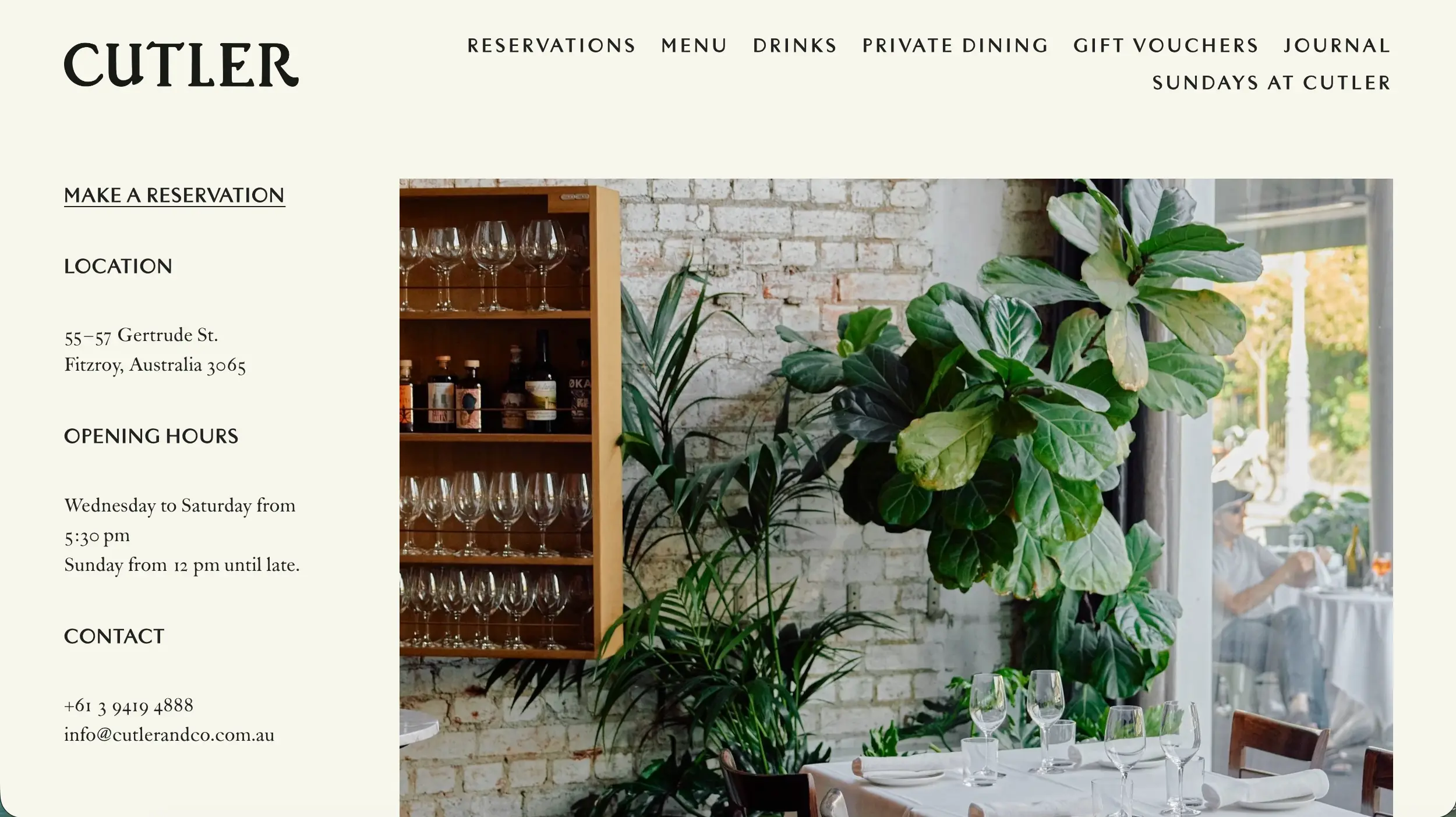 Cutler and Co restaurant website homepage example