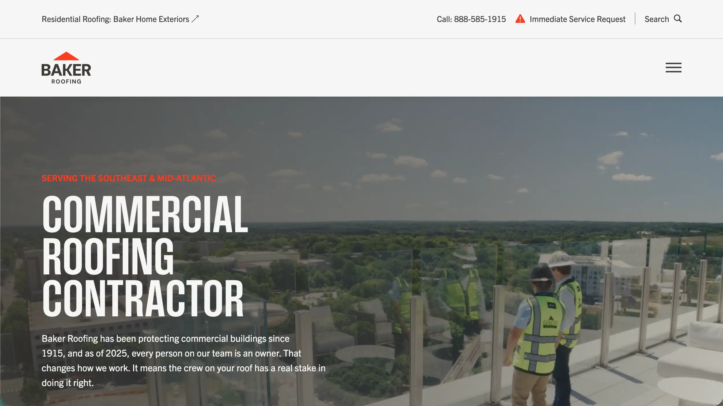 Baker Roofing Company website homepage example