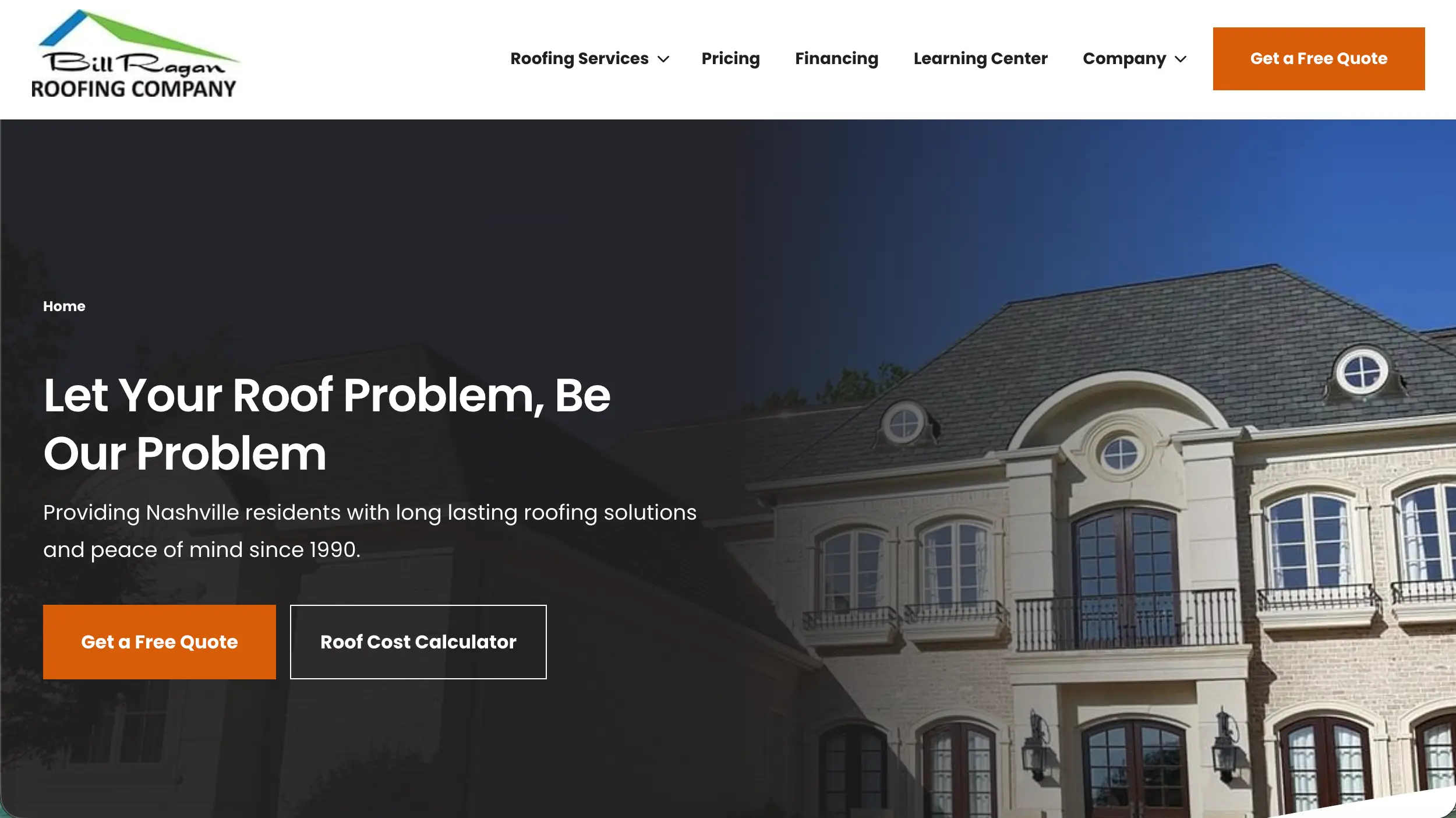 Bill Ragan Roofing website homepage example