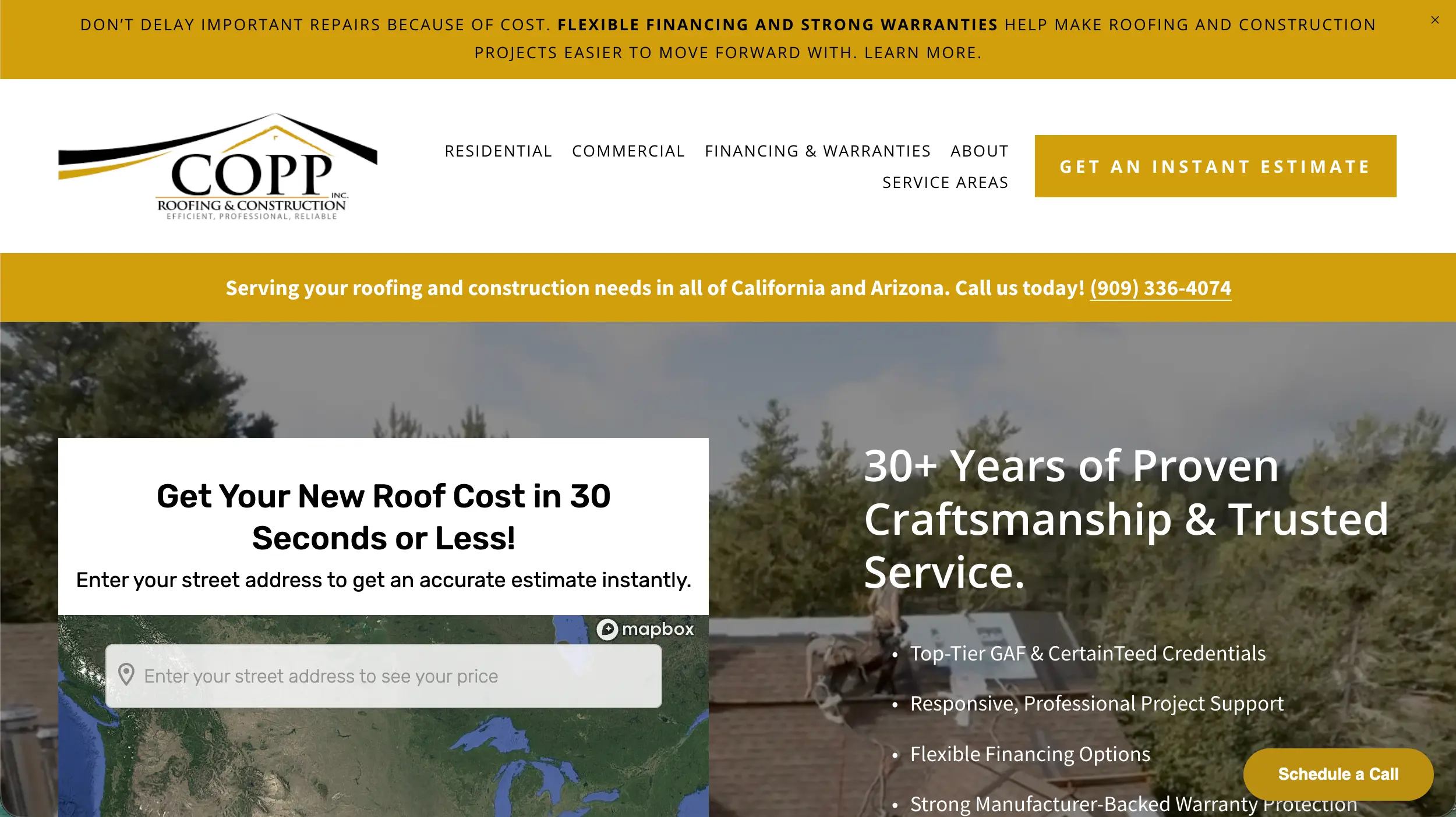 Copp Roofing and Construction website homepage example