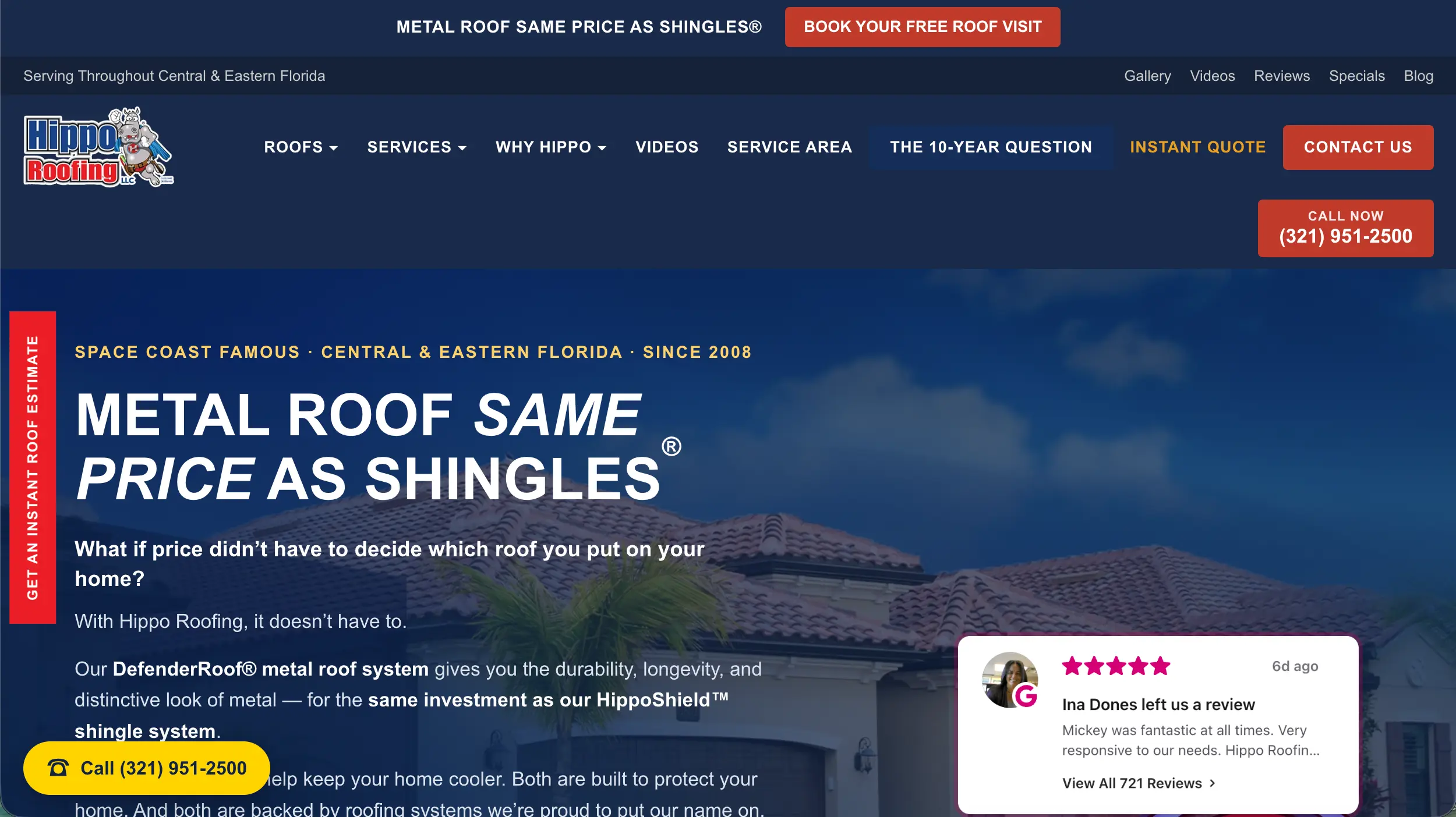 Hippo Roofing website homepage example