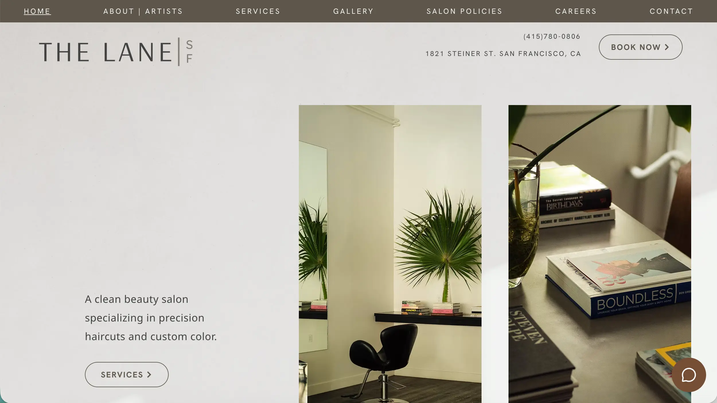 The Lane salon website homepage example
